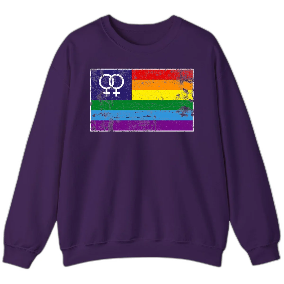 Lesbian pride flag with two interlocking female symbols on distressed background, rainbow stripes design in Purple