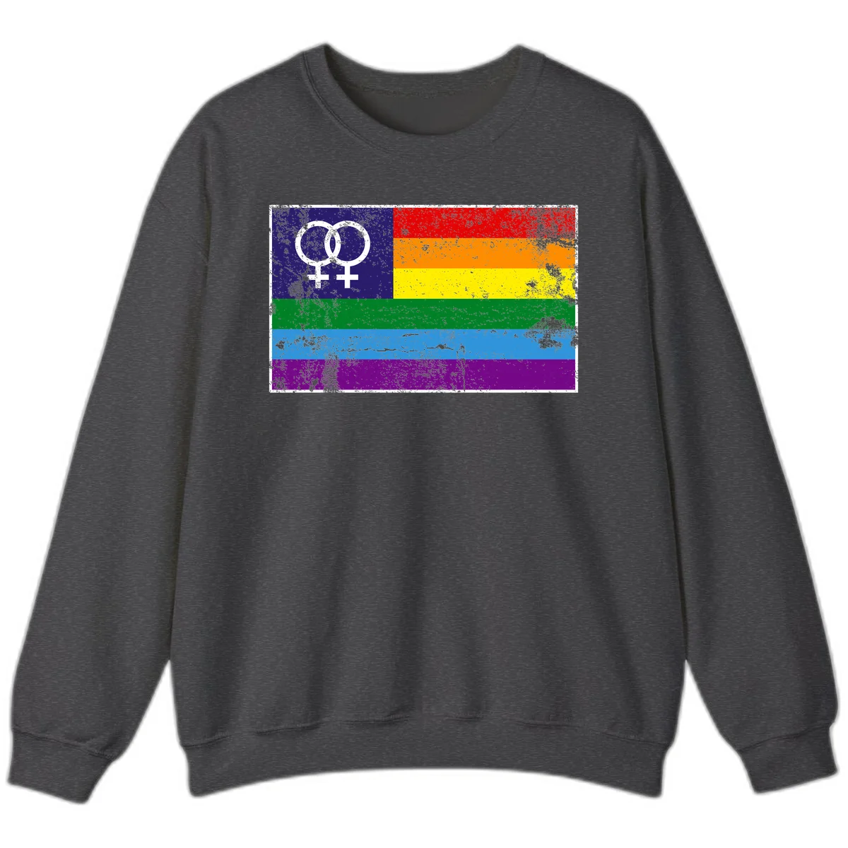 Lesbian pride flag with two interlocking female symbols on distressed background, rainbow stripes design in Dark Heather