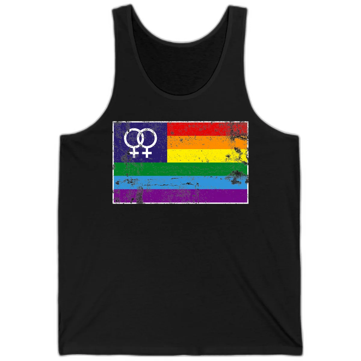 Lesbian pride flag with two interlocking female symbols on distressed background, rainbow stripes design in Black