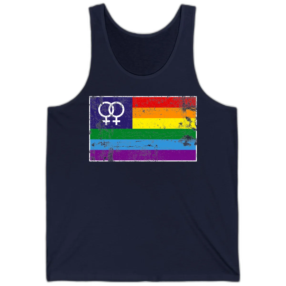 Lesbian pride flag with two interlocking female symbols on distressed background, rainbow stripes design in Navy
