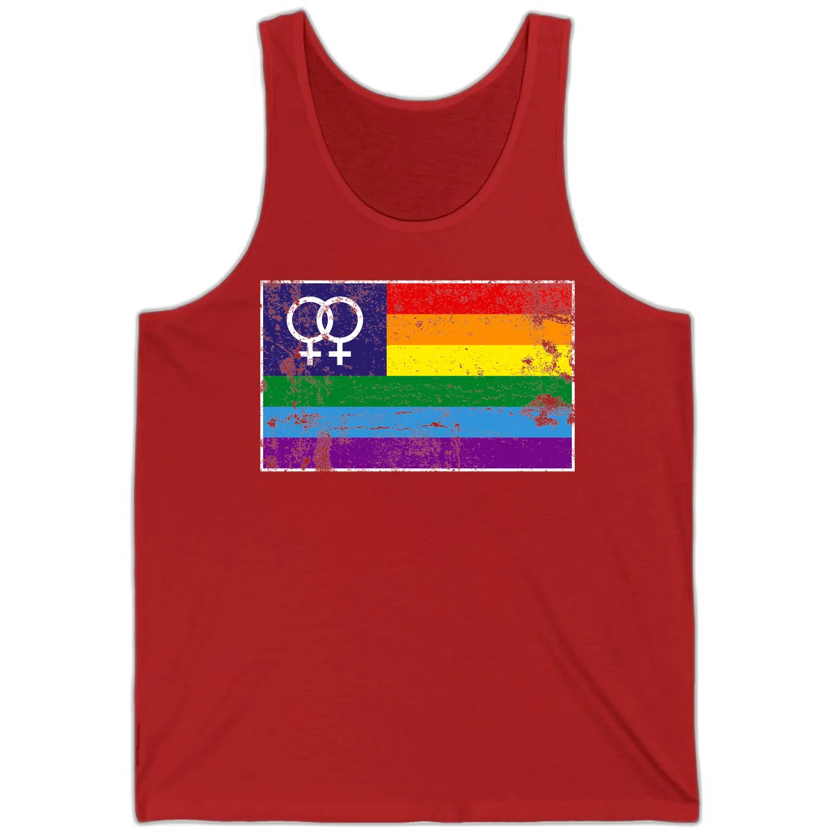 Lesbian pride flag with two interlocking female symbols on distressed background, rainbow stripes design in Red