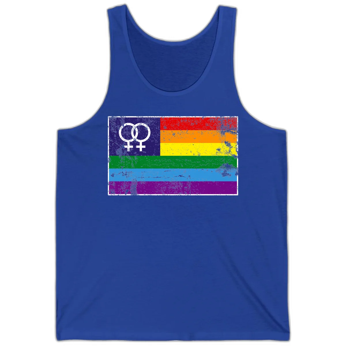 Lesbian pride flag with two interlocking female symbols on distressed background, rainbow stripes design in True Royal