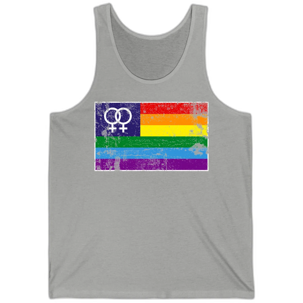 Lesbian pride flag with two interlocking female symbols on distressed background, rainbow stripes design in Athletic Heather