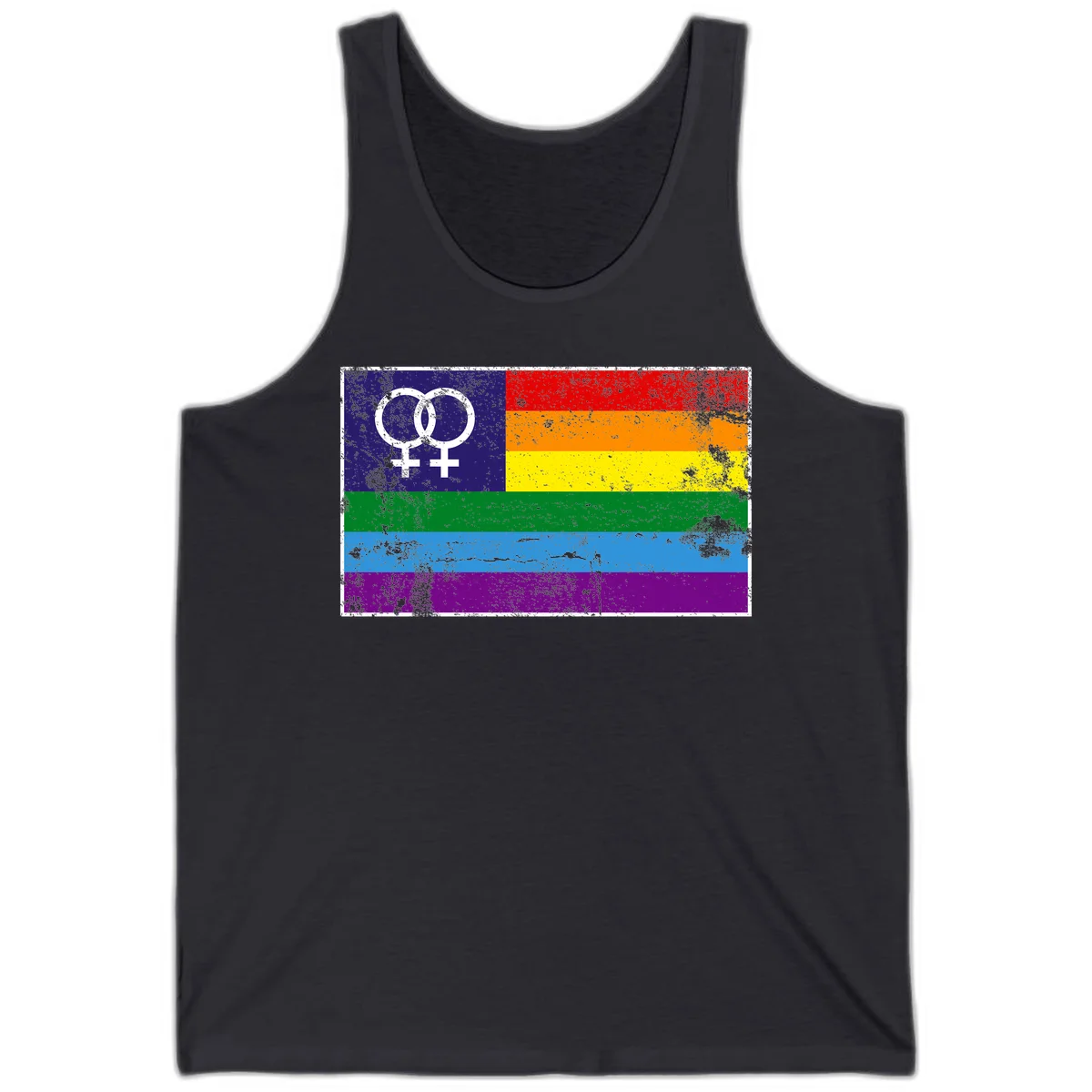 Lesbian pride flag with two interlocking female symbols on distressed background, rainbow stripes design in Dark Grey