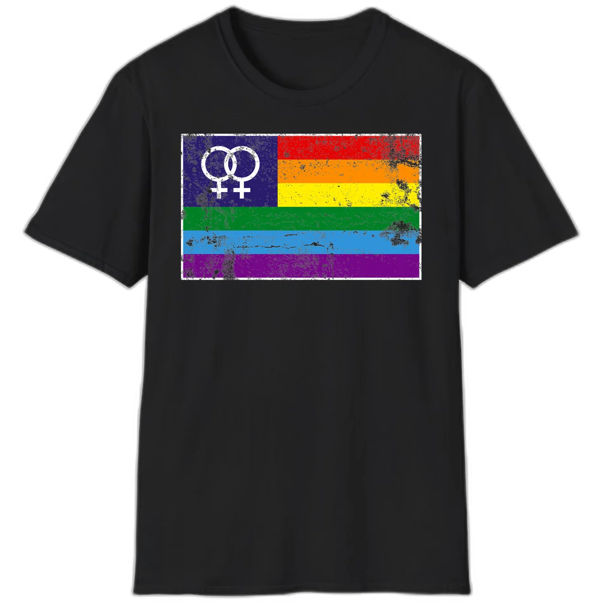 Lesbian pride flag with two interlocking female symbols on distressed background, rainbow stripes design in Black