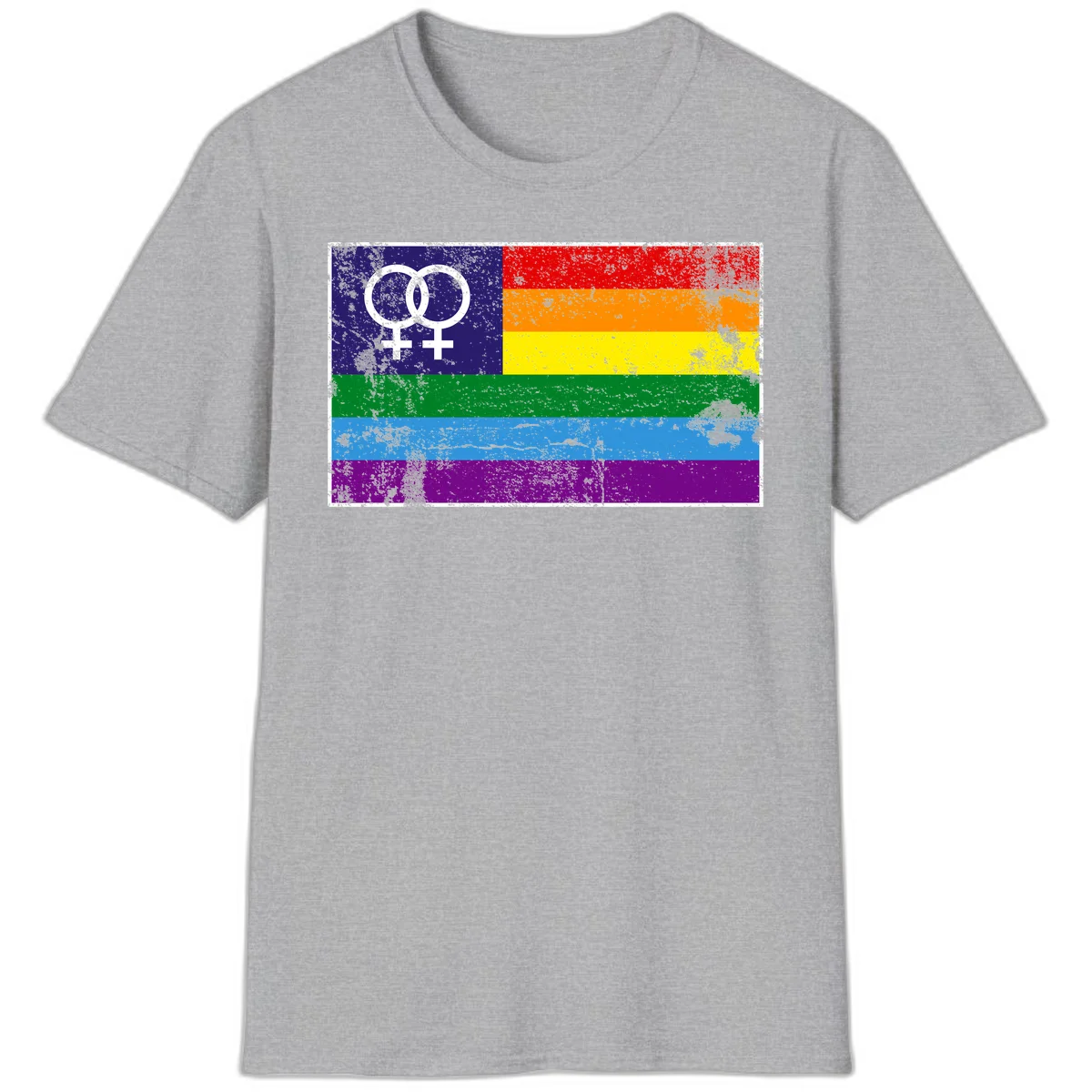 Lesbian pride flag with two interlocking female symbols on distressed background, rainbow stripes design in Sport Grey