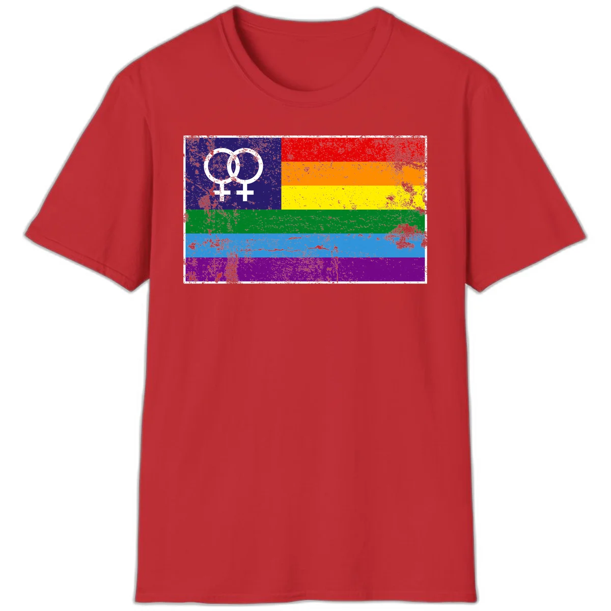 Lesbian pride flag with two interlocking female symbols on distressed background, rainbow stripes design in Red