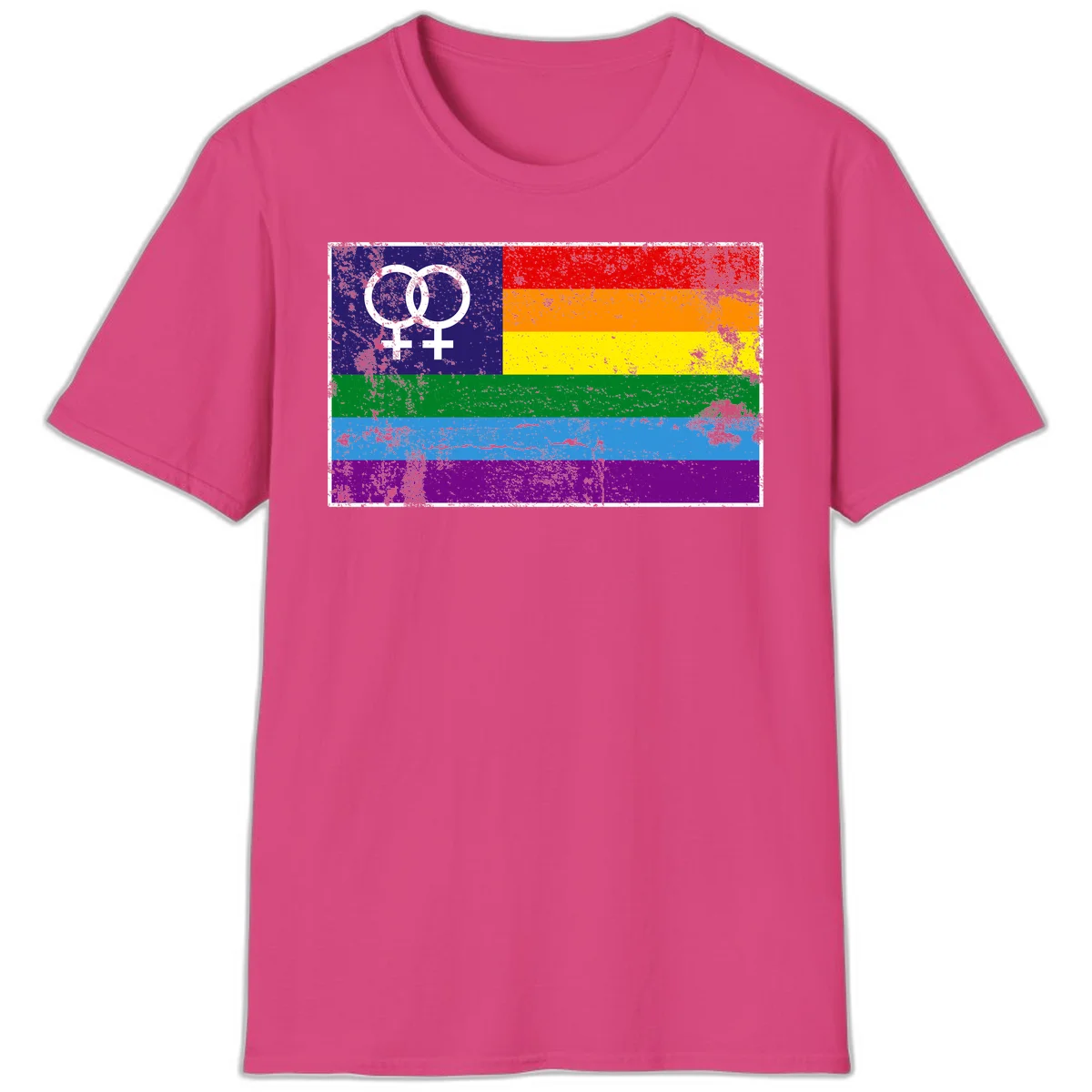 Lesbian pride flag with two interlocking female symbols on distressed background, rainbow stripes design in Heliconia