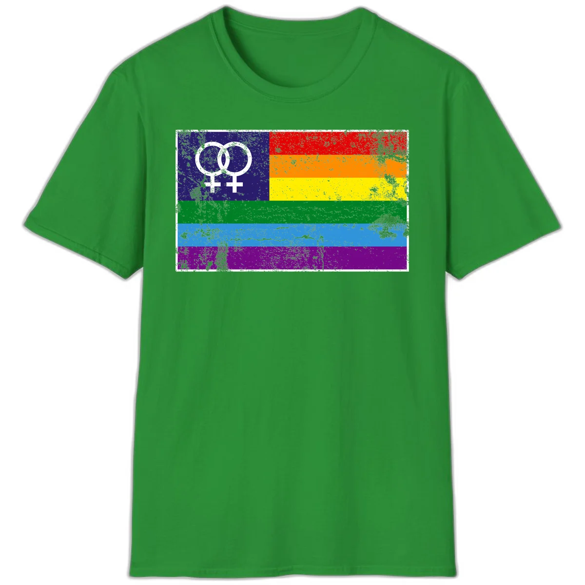 Lesbian pride flag with two interlocking female symbols on distressed background, rainbow stripes design in Irish Green