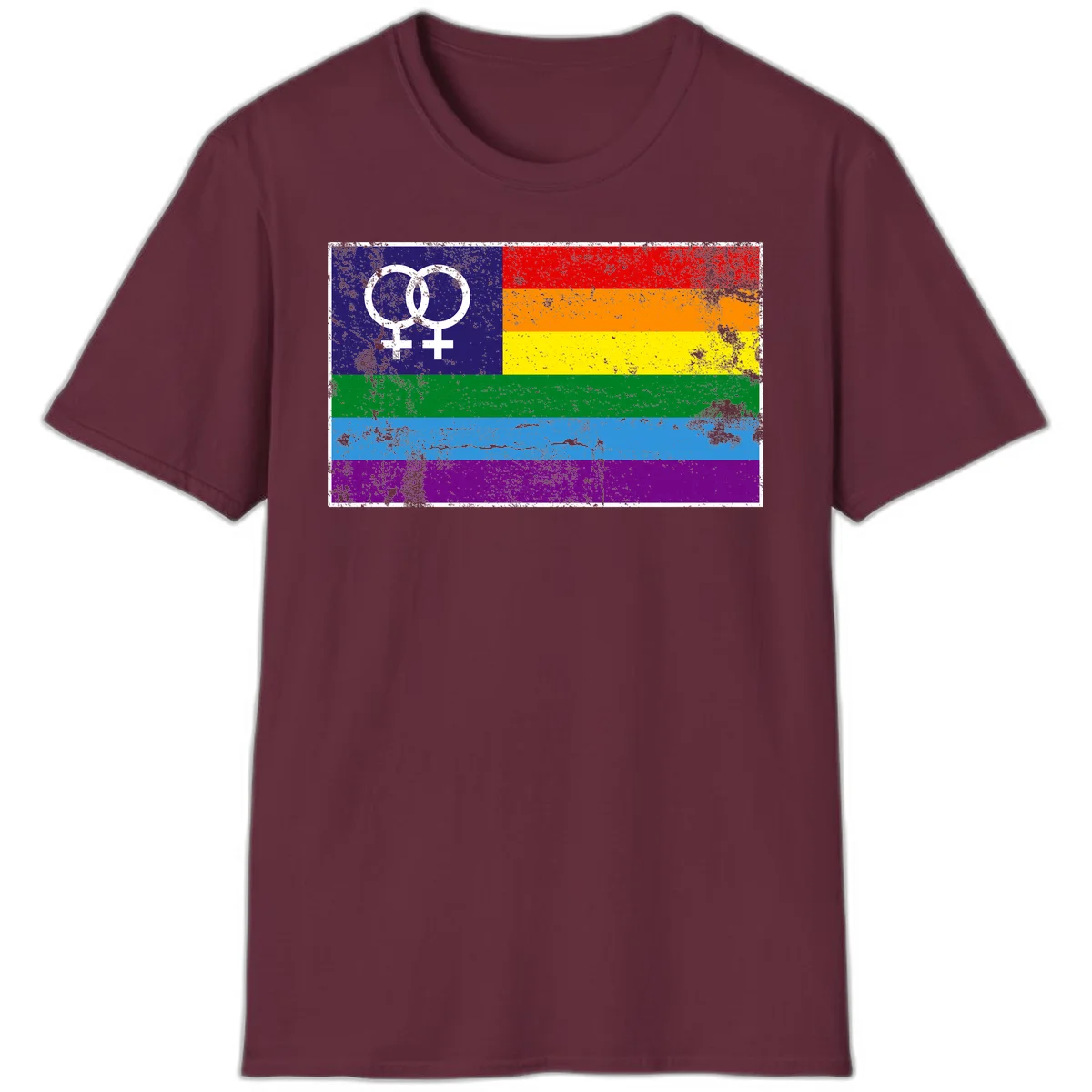 Lesbian pride flag with two interlocking female symbols on distressed background, rainbow stripes design in Maroon