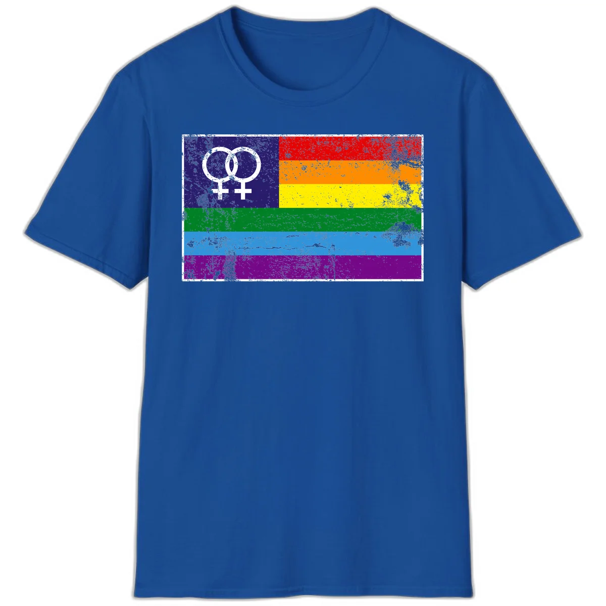 Lesbian pride flag with two interlocking female symbols on distressed background, rainbow stripes design in Royal