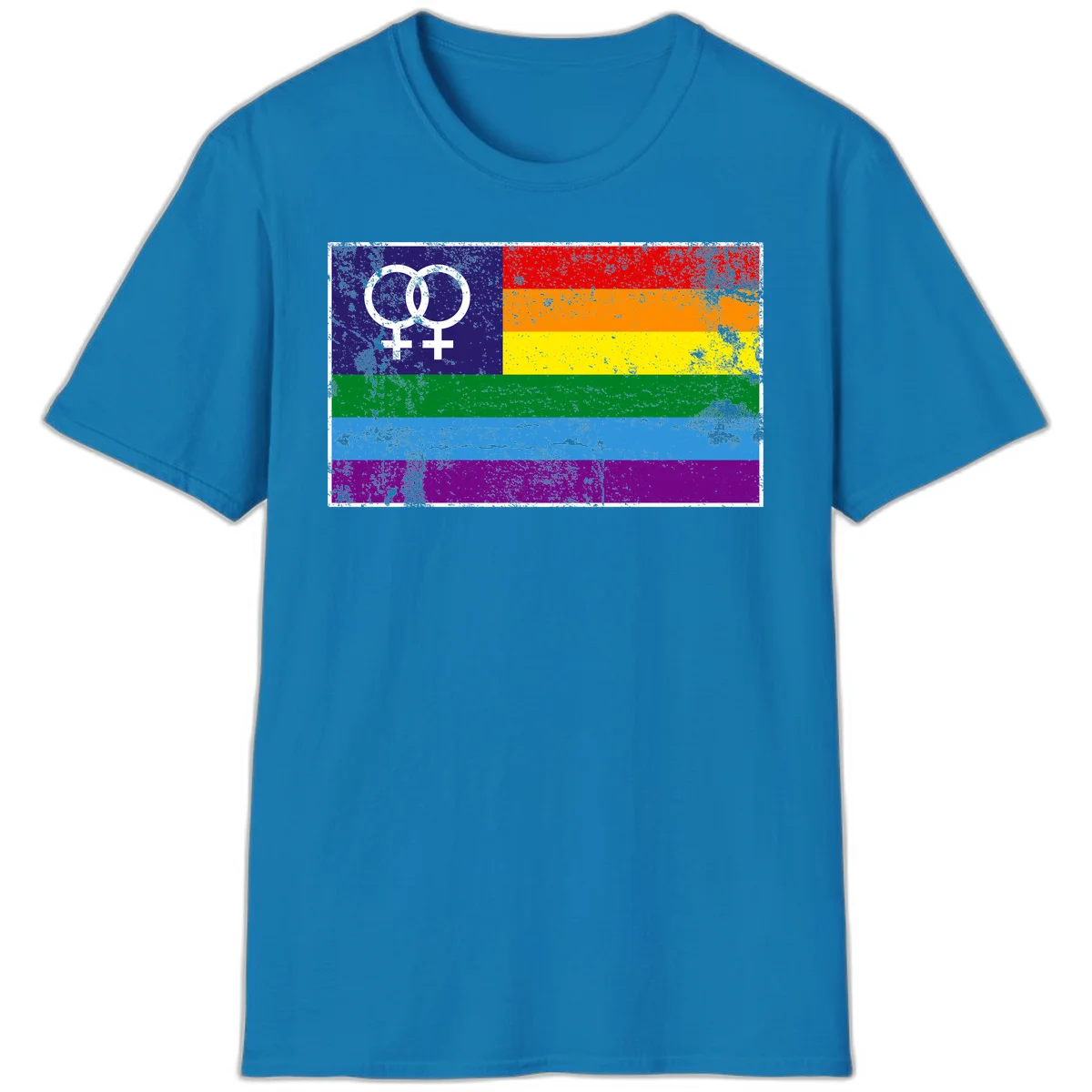 Lesbian pride flag with two interlocking female symbols on distressed background, rainbow stripes design in Sapphire