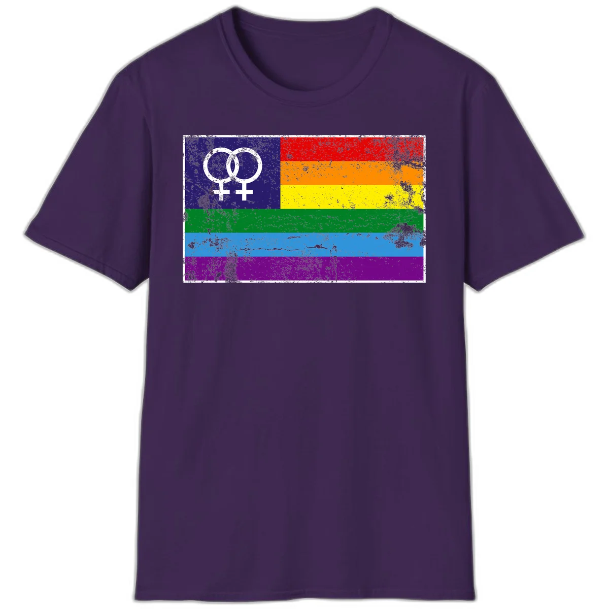 Lesbian pride flag with two interlocking female symbols on distressed background, rainbow stripes design in Purple