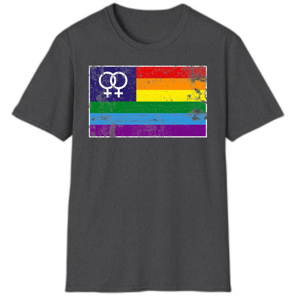 Lesbian pride flag with two interlocking female symbols on distressed background, rainbow stripes design in Dark Heather