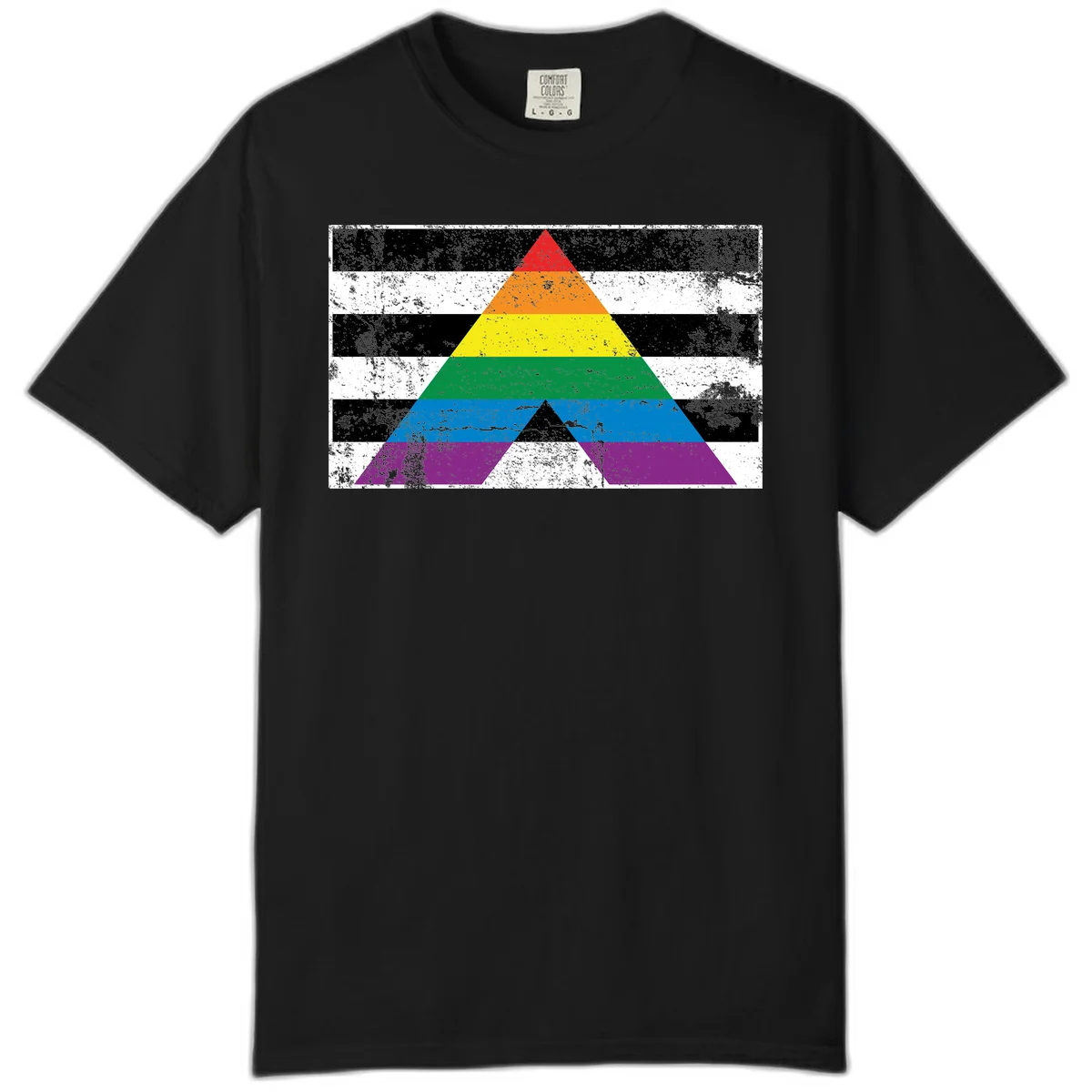 Rainbow pride pyramid with horizontal stripes on distressed black and white background in Black