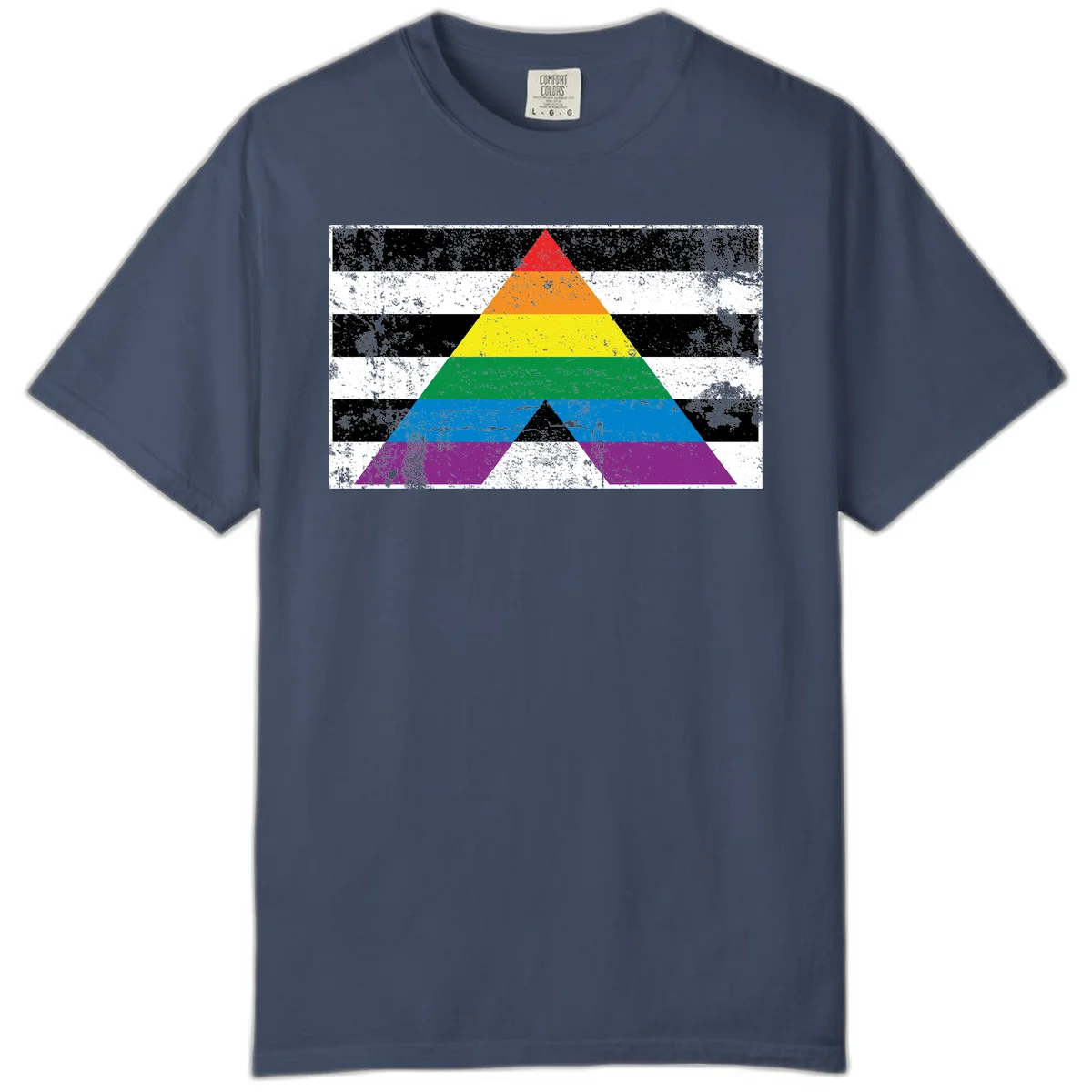 Rainbow pride pyramid with horizontal stripes on distressed black and white background in Midnight
