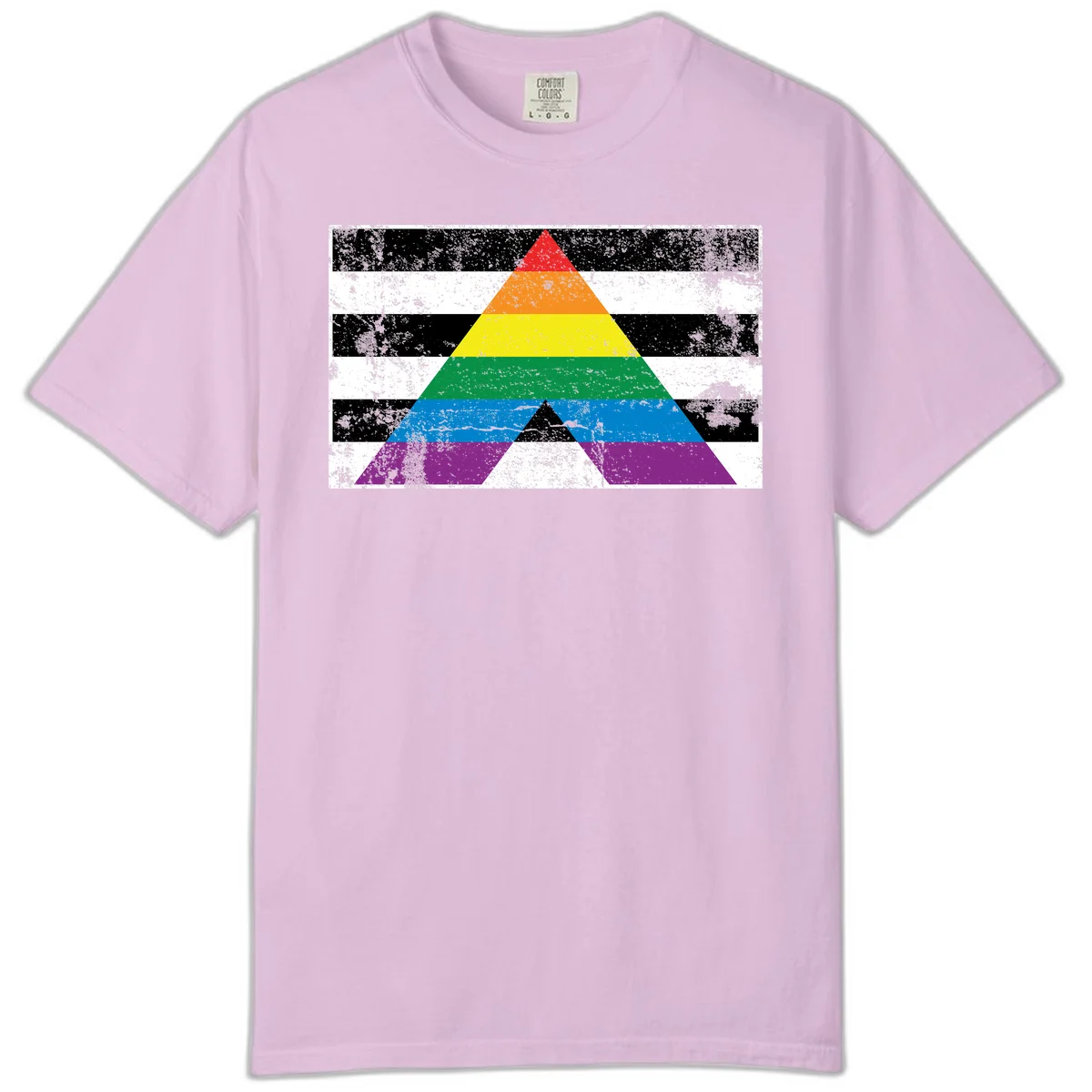 Rainbow pride pyramid with horizontal stripes on distressed black and white background in Orchid