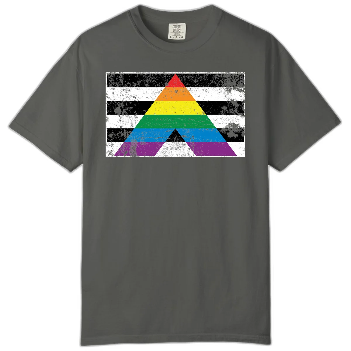 Rainbow pride pyramid with horizontal stripes on distressed black and white background in Pepper