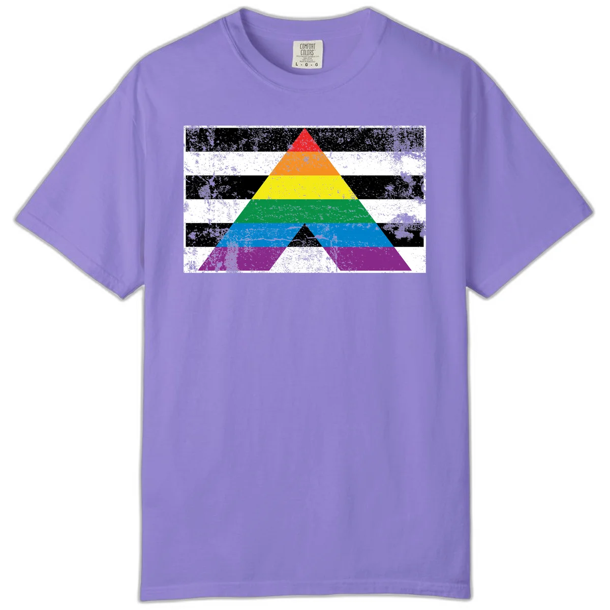 Rainbow pride pyramid with horizontal stripes on distressed black and white background in Violet