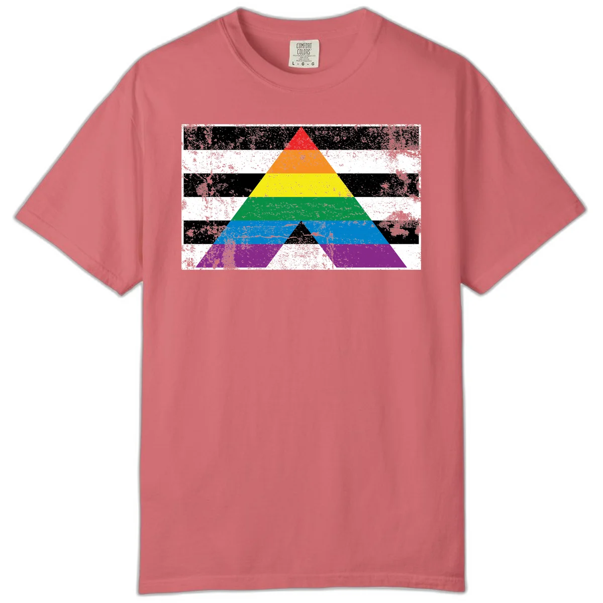 Rainbow pride pyramid with horizontal stripes on distressed black and white background in Watermelon