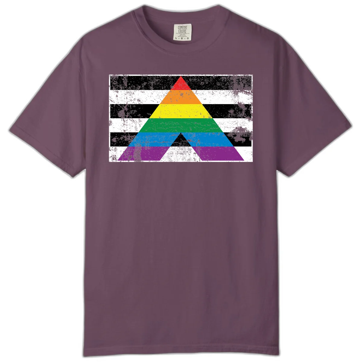 Rainbow pride pyramid with horizontal stripes on distressed black and white background in Berry