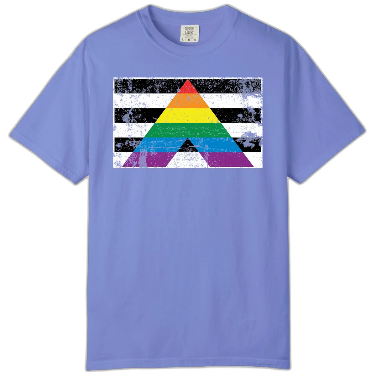 Rainbow pride pyramid with horizontal stripes on distressed black and white background in Flo Blue