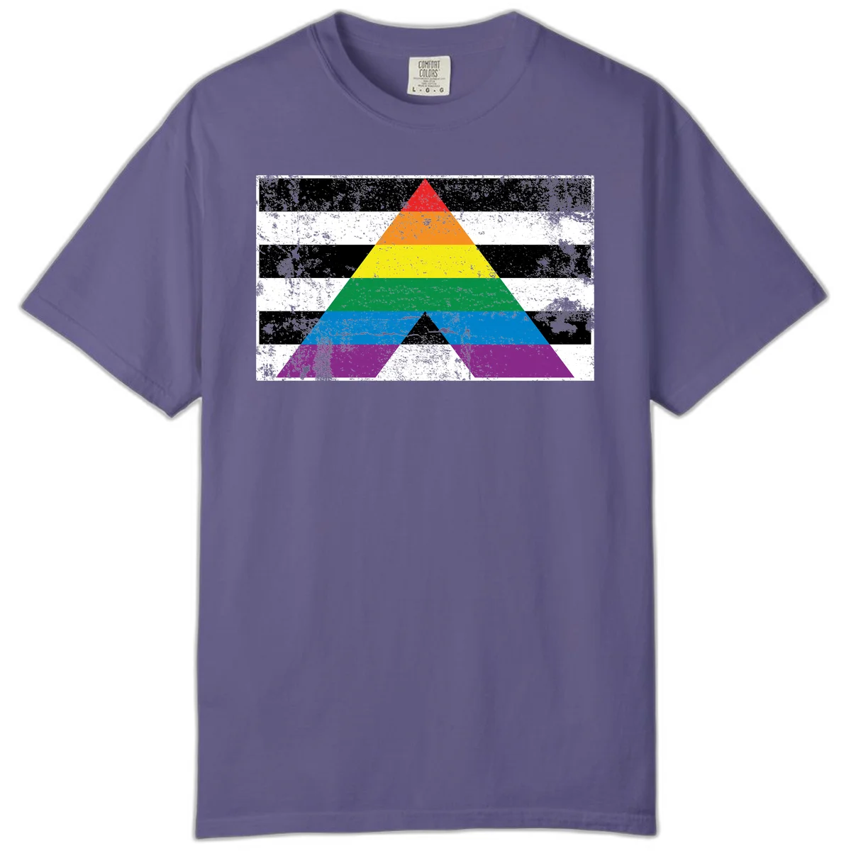Rainbow pride pyramid with horizontal stripes on distressed black and white background in Grape