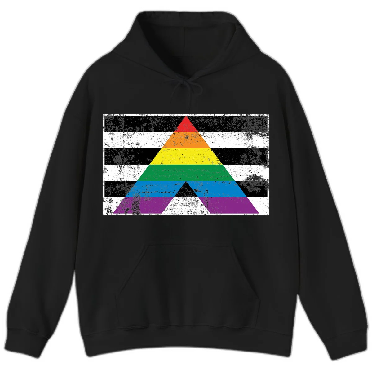 Rainbow pride pyramid with horizontal stripes on distressed black and white background in Black