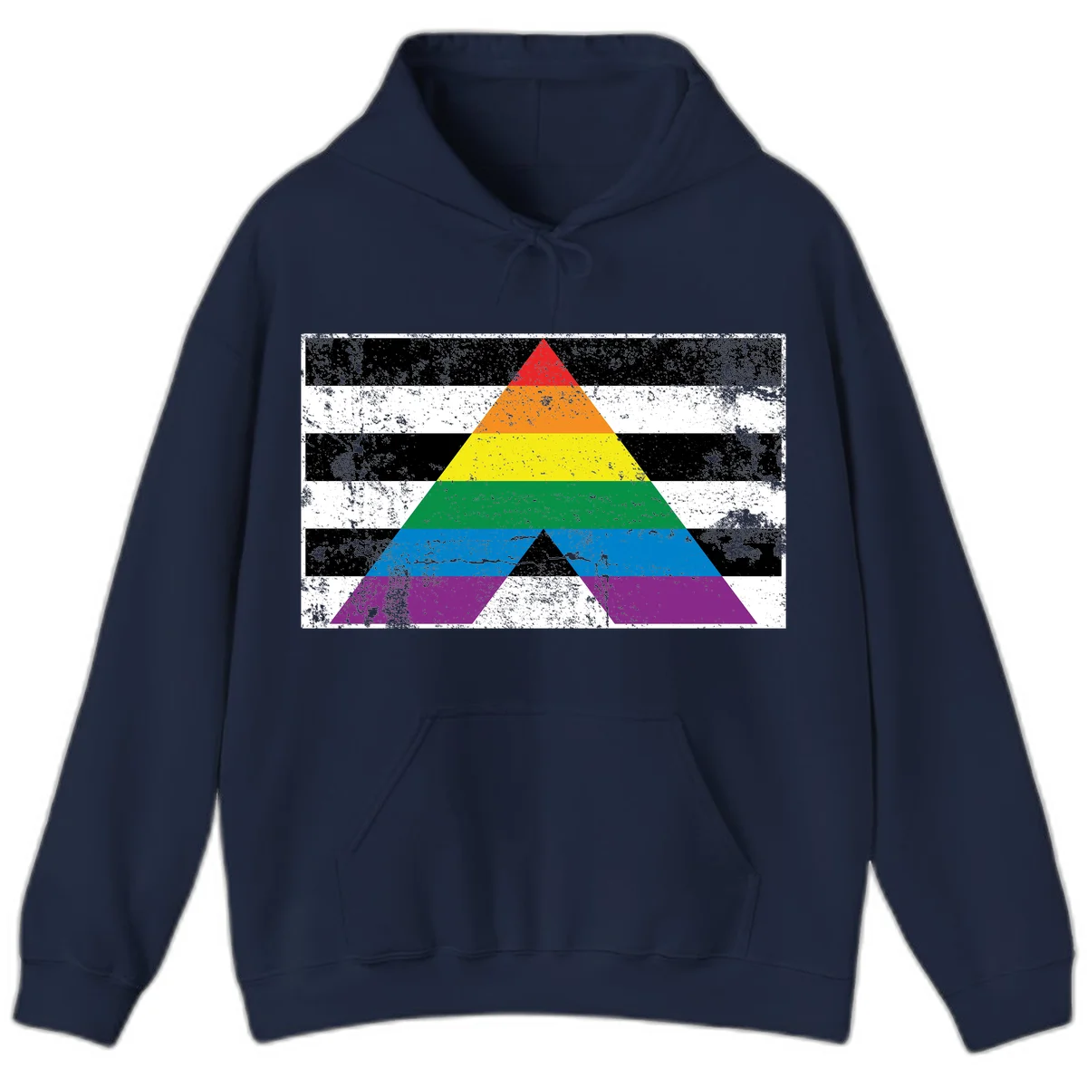 Rainbow pride pyramid with horizontal stripes on distressed black and white background in Navy