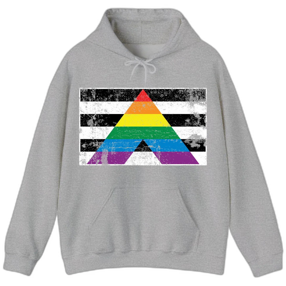 Rainbow pride pyramid with horizontal stripes on distressed black and white background in Sport Grey