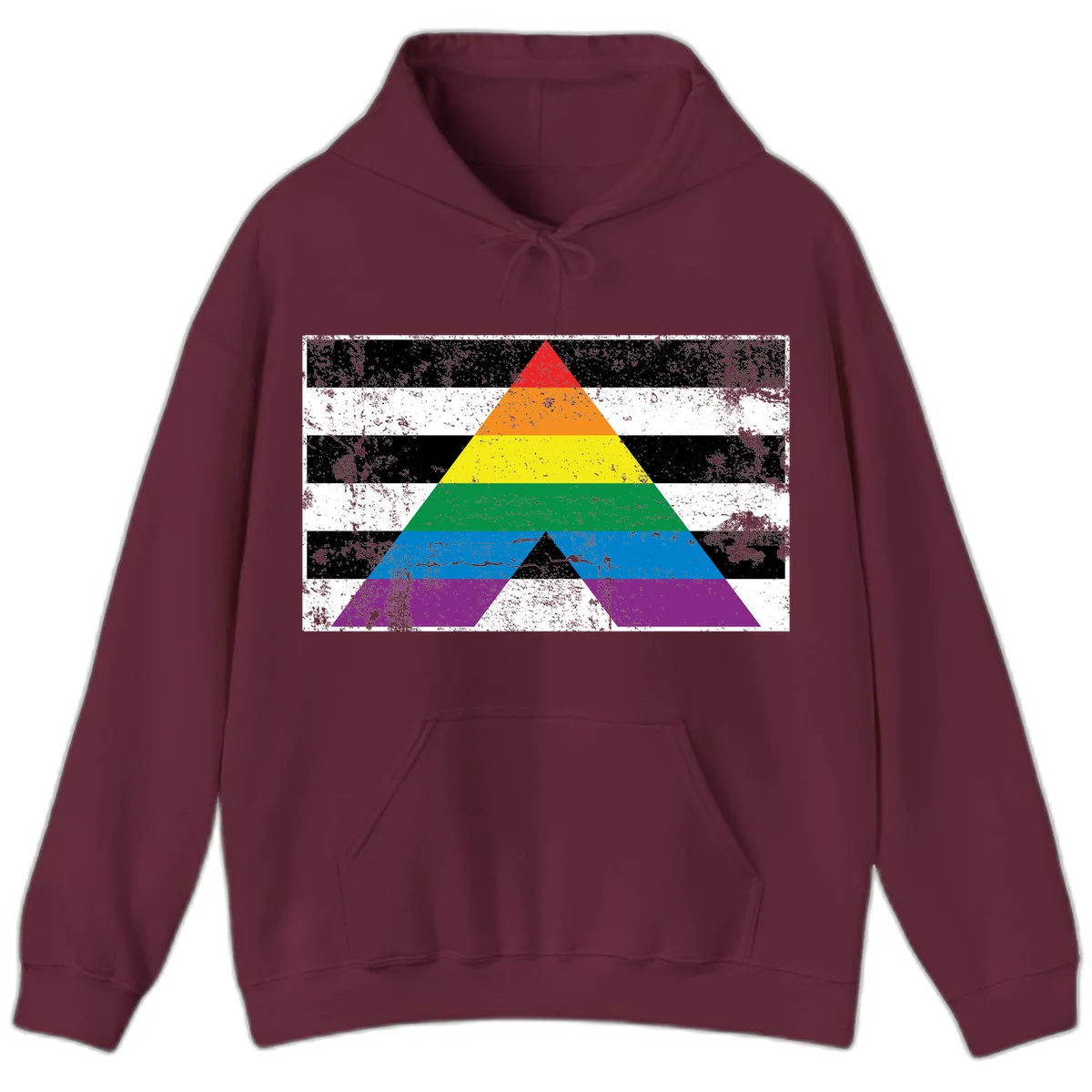 Rainbow pride pyramid with horizontal stripes on distressed black and white background in Maroon