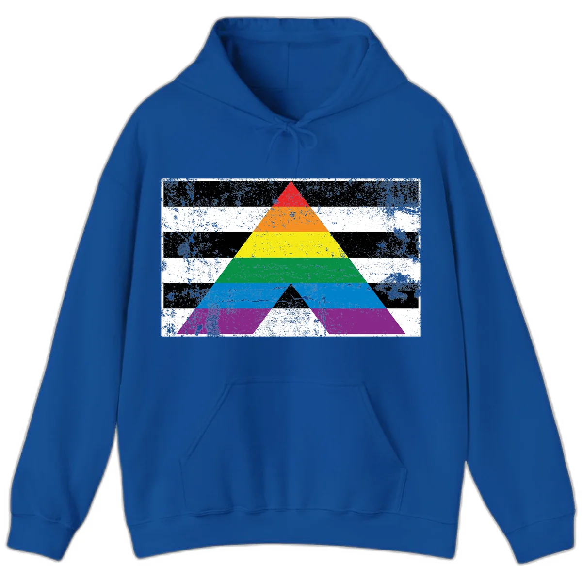 Rainbow pride pyramid with horizontal stripes on distressed black and white background in Royal