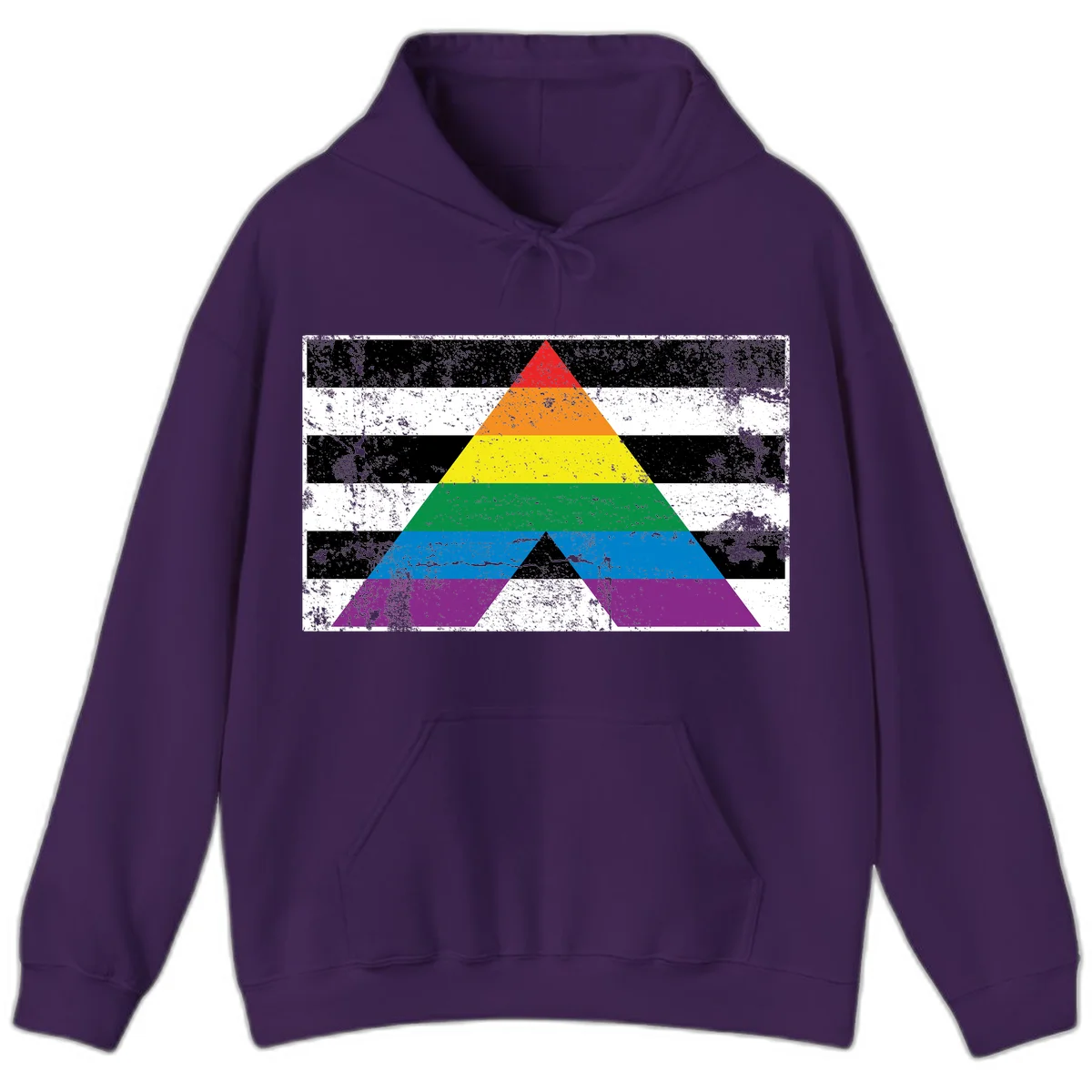 Rainbow pride pyramid with horizontal stripes on distressed black and white background in Purple