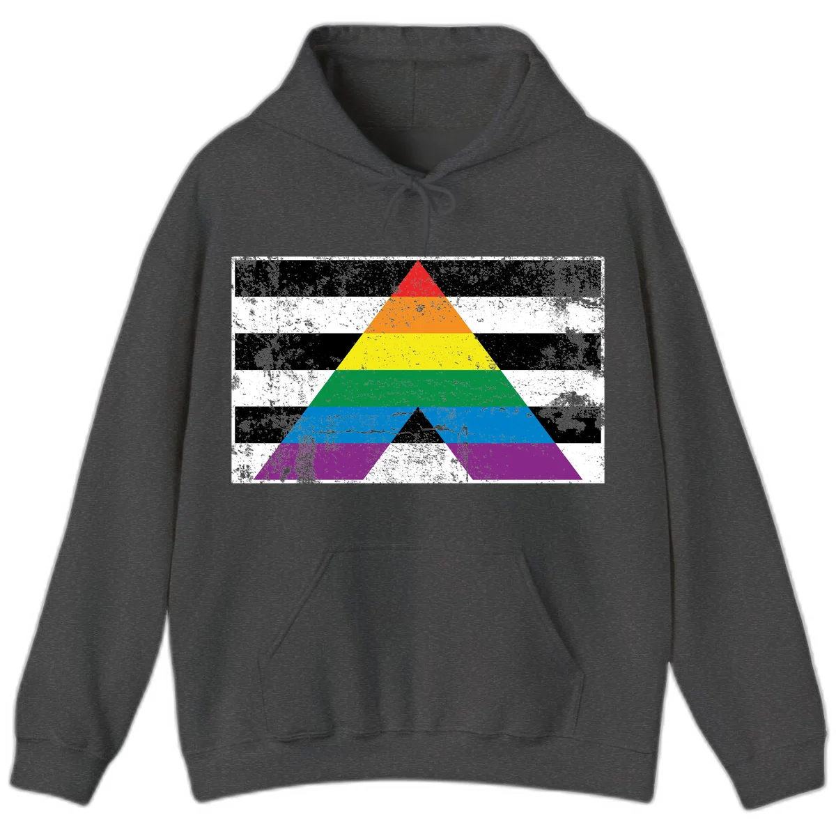 Rainbow pride pyramid with horizontal stripes on distressed black and white background in Dark Heather