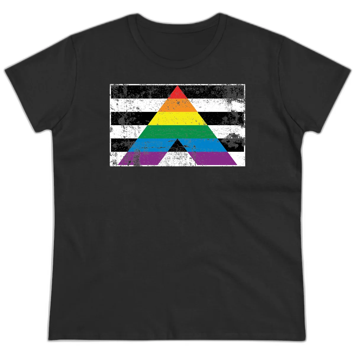 Rainbow pride pyramid with horizontal stripes on distressed black and white background in Black