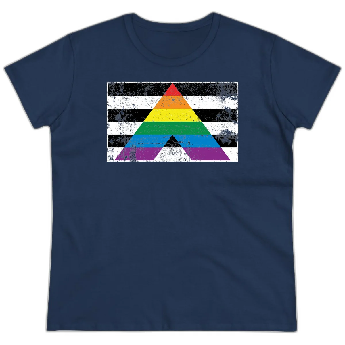 Rainbow pride pyramid with horizontal stripes on distressed black and white background in Navy
