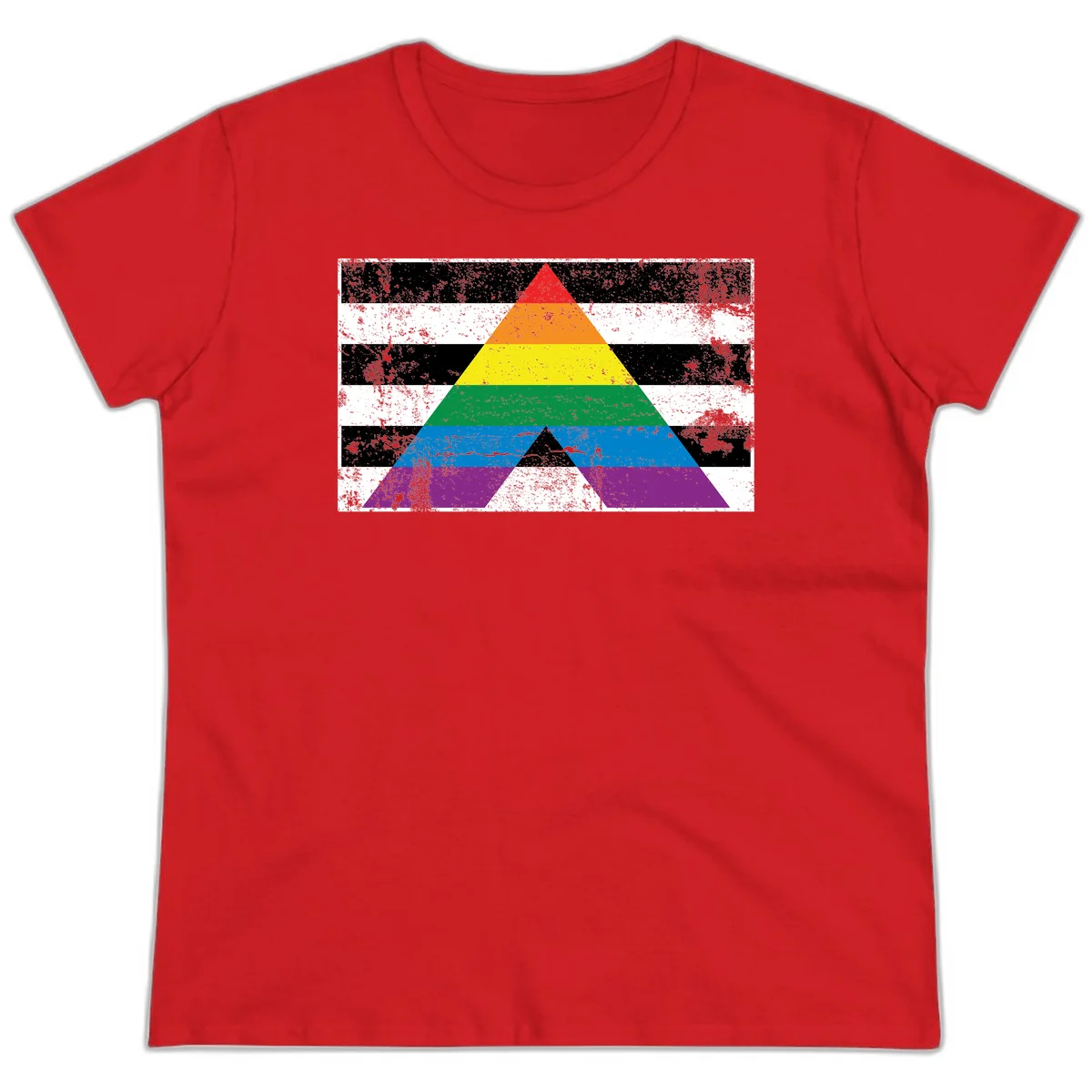 Rainbow pride pyramid with horizontal stripes on distressed black and white background in Red