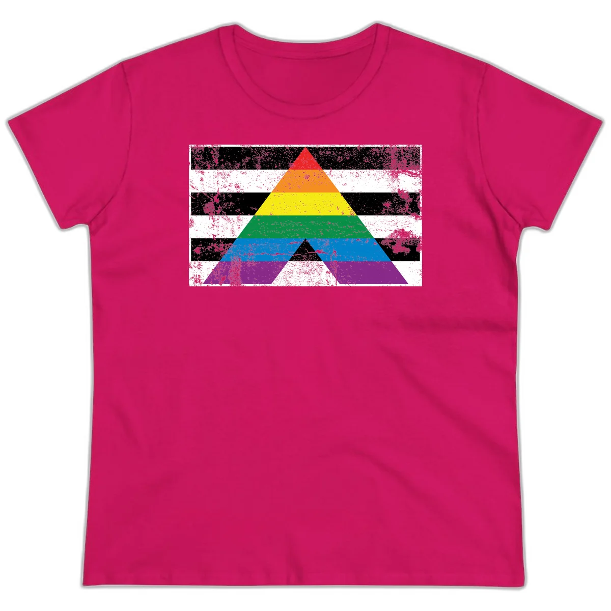 Rainbow pride pyramid with horizontal stripes on distressed black and white background in Heliconia