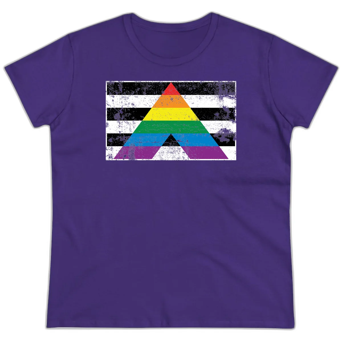 Rainbow pride pyramid with horizontal stripes on distressed black and white background in Purple