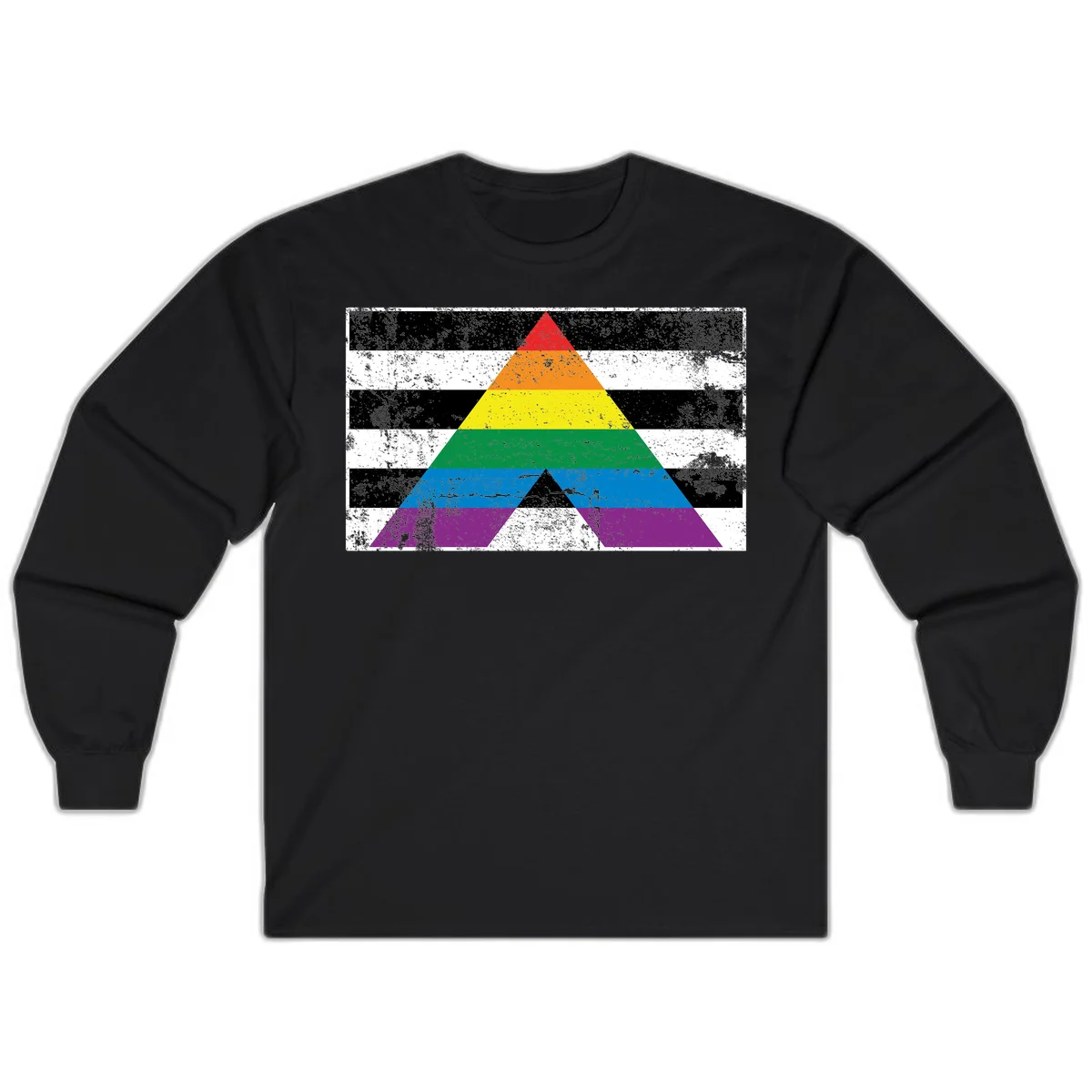 Rainbow pride pyramid with horizontal stripes on distressed black and white background in Black