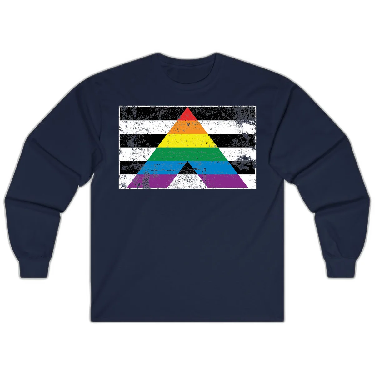 Rainbow pride pyramid with horizontal stripes on distressed black and white background in Navy