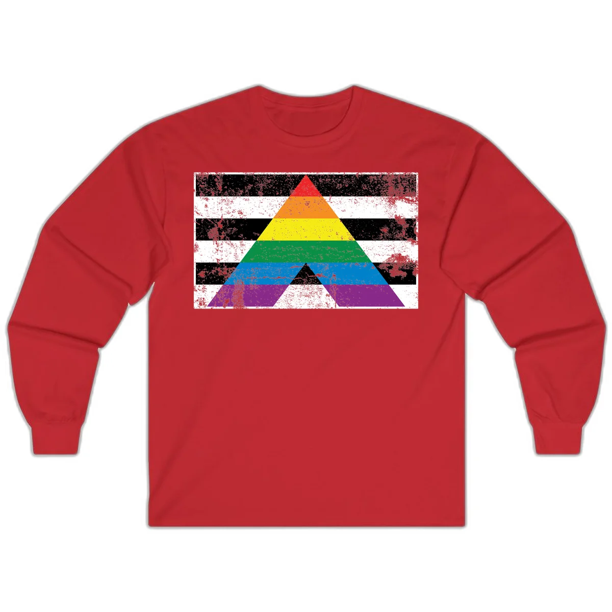 Rainbow pride pyramid with horizontal stripes on distressed black and white background in Red