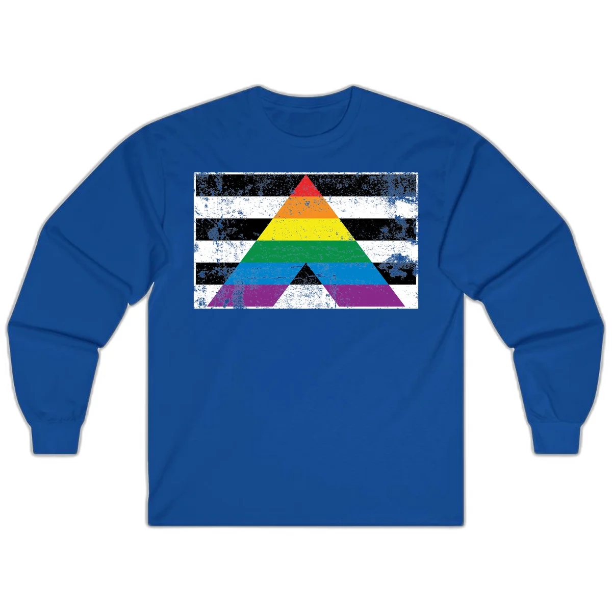 Rainbow pride pyramid with horizontal stripes on distressed black and white background in Royal