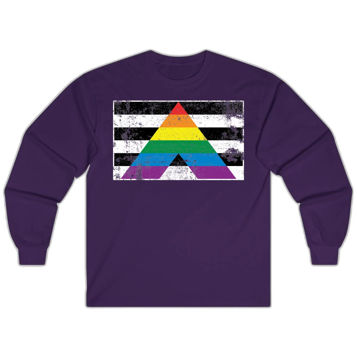 Rainbow pride pyramid with horizontal stripes on distressed black and white background in Purple