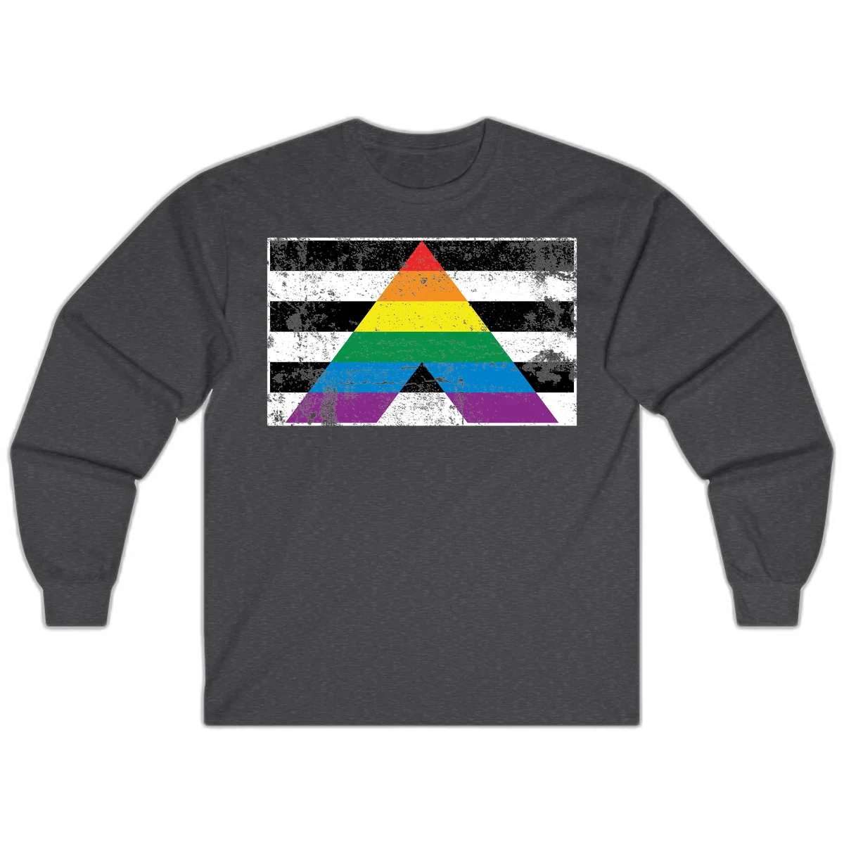 Rainbow pride pyramid with horizontal stripes on distressed black and white background in Dark Heather