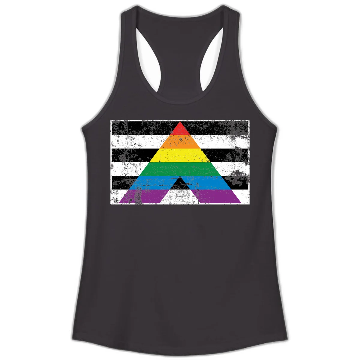 Rainbow pride pyramid with horizontal stripes on distressed black and white background in Black