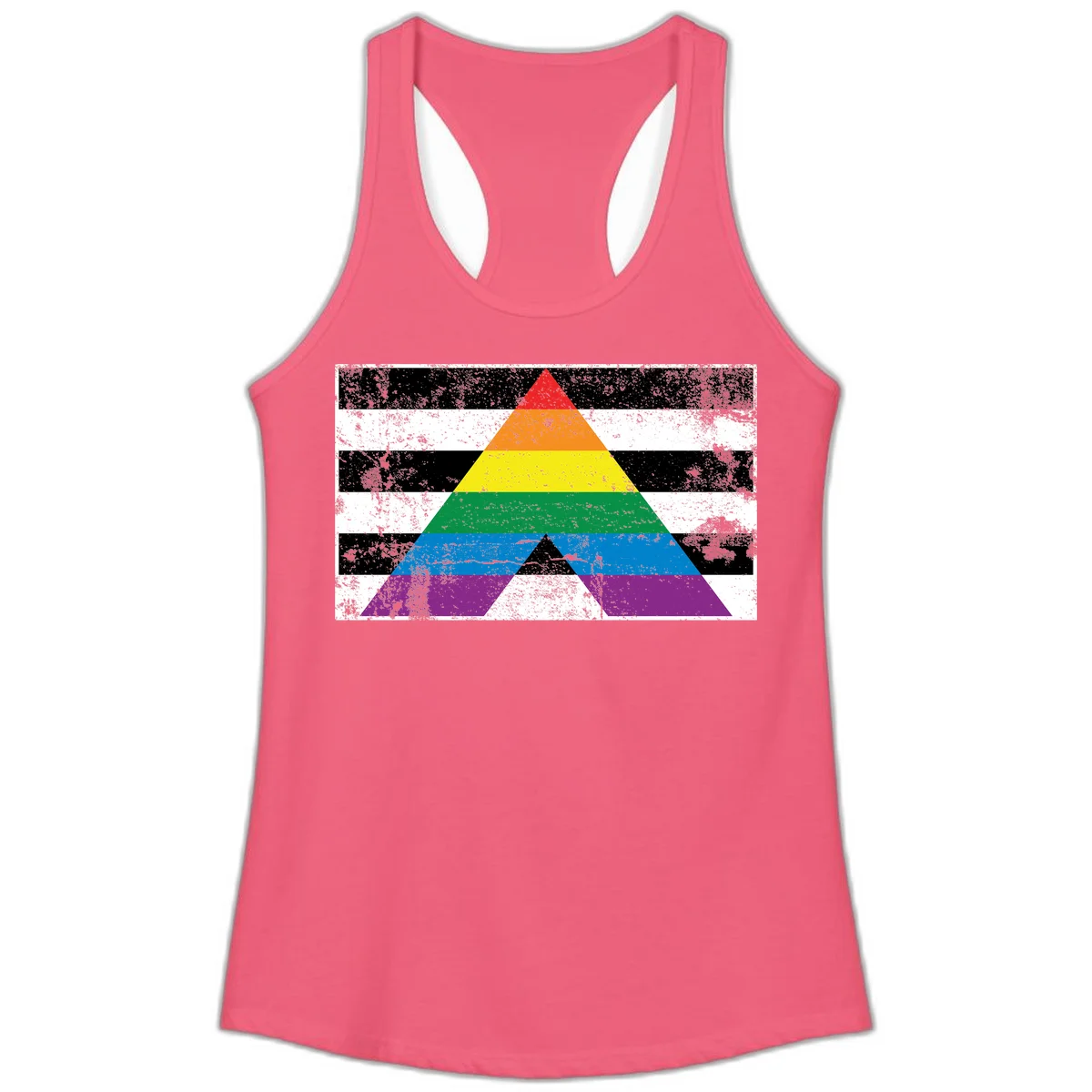 Rainbow pride pyramid with horizontal stripes on distressed black and white background in Hot Pink