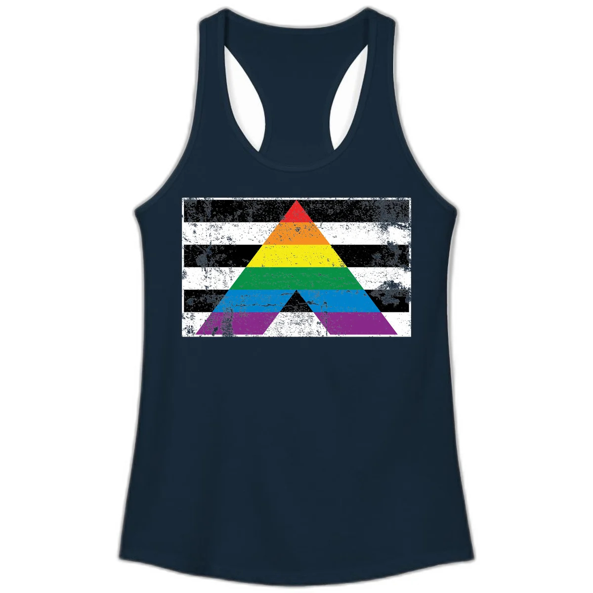Rainbow pride pyramid with horizontal stripes on distressed black and white background in Solid Midnight Navy