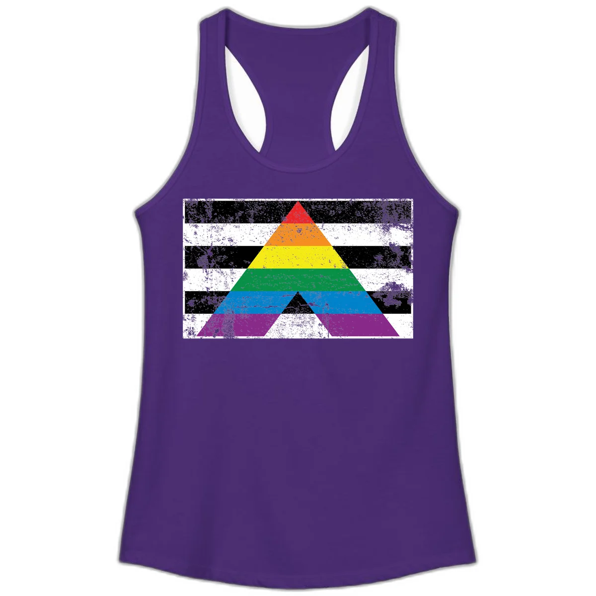 Rainbow pride pyramid with horizontal stripes on distressed black and white background in Solid Purple Rush