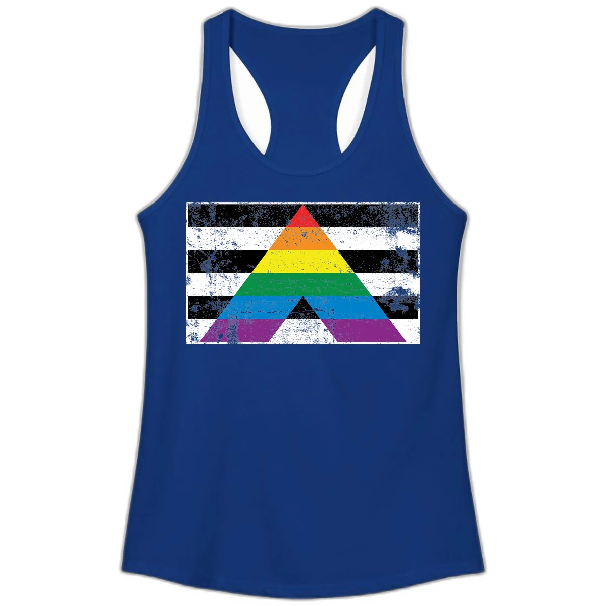 Rainbow pride pyramid with horizontal stripes on distressed black and white background in Solid Royal